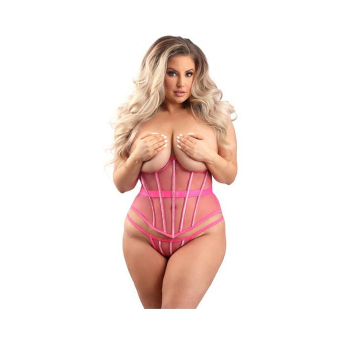 Fantasy Lingerie Underbust Corset With Lurex Detail And G-string Hot Pink Xl