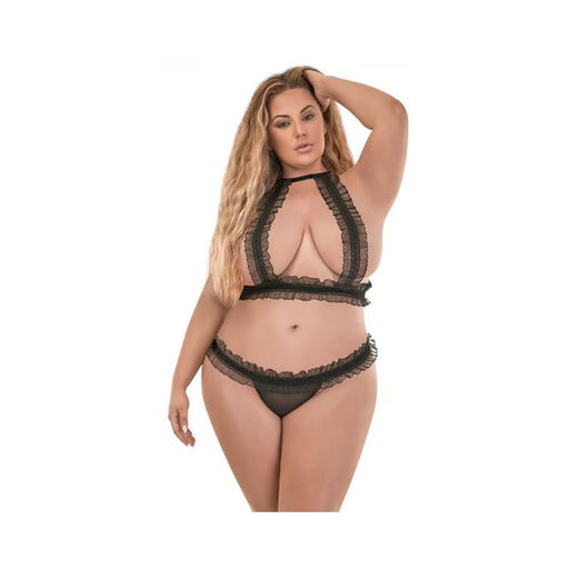 Magic Silk Ruffled Halter Bra & Split-crotch Thong Black Queen | SexToy.com