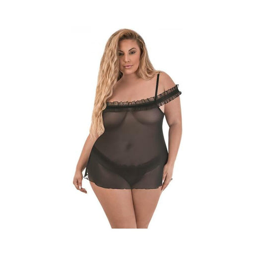 Magic Silk Ruffled Flyaway Babydoll & Split-crotch Thong Black Queen | SexToy.com