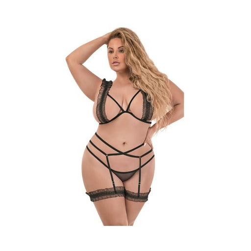 Magic Silk Ruffled Bra, Stirrup Garter & Split-crotch Panty Set Black Queen | SexToy.com