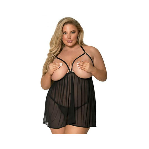 Magic Silk Sassy Cupless Babydoll & Crotchless Panty Set Black Queen | SexToy.com