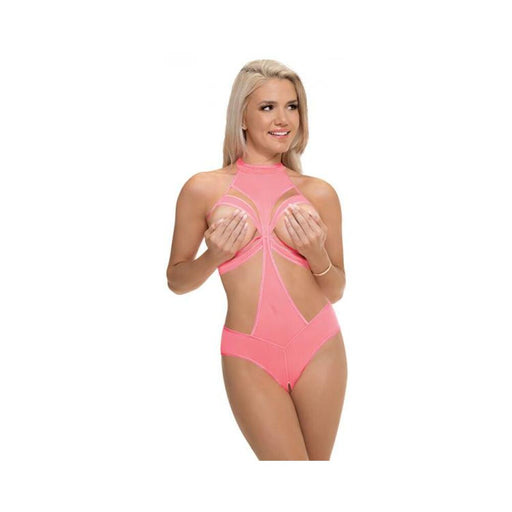 Magic Silk Forever Mesh Cupless & Crotchless Halter Teddy With Split-back Coral S/m | SexToy.com