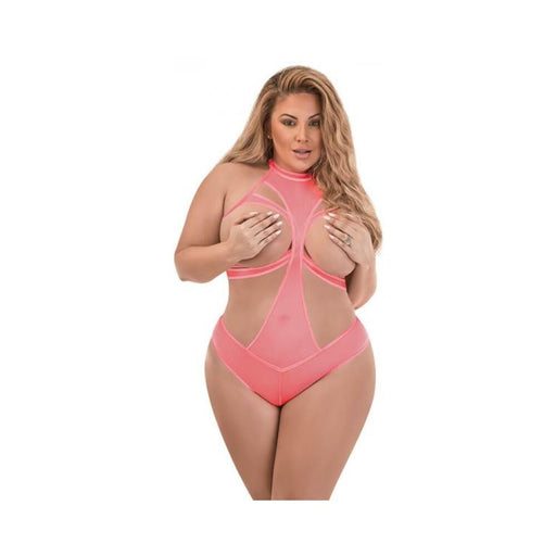 Magic Silk Forever Mesh Cupless & Crotchless Halter Teddy With Split-back Coral Queen | SexToy.com