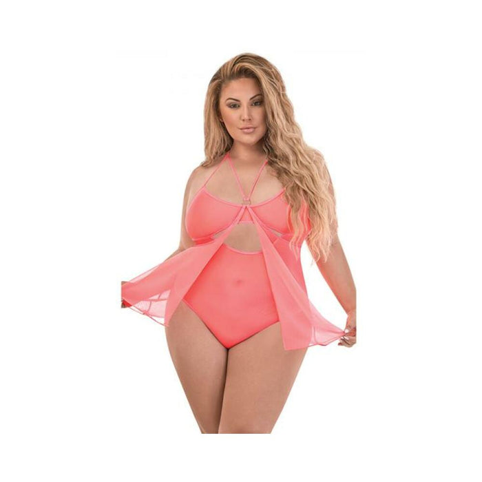 Magic Silk Forever Mesh Crotchless Babydoll Teddy Coral Queen | SexToy.com