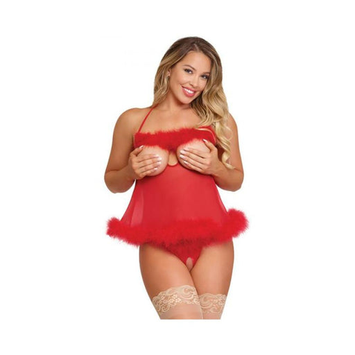 Magic Silk Marabou Cupless & Crotchless Babydoll Set Red Queen | SexToy.com