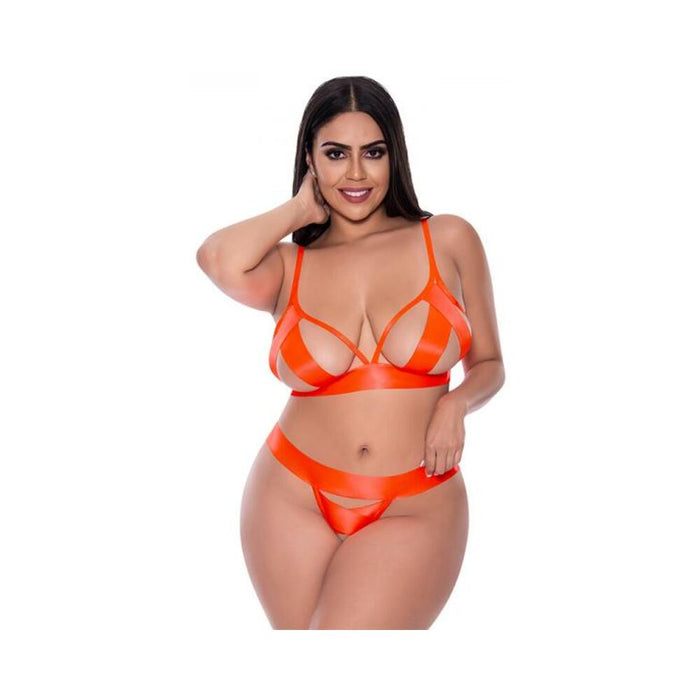 Magic Silk Strap Tease Bra & Crotchless Panty Set Orange Queen