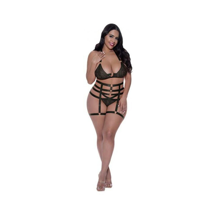 Magic Silk Rude Awakening Bralette, Thigh High Garter & Cheeky Panty Set Black Queen Size