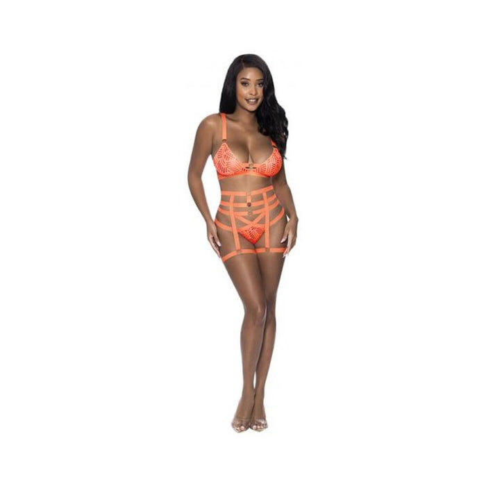 Magic Silk Rude Awakening Bralette, Thigh High Garter & Cheeky Panty Set Neon Orange S/m