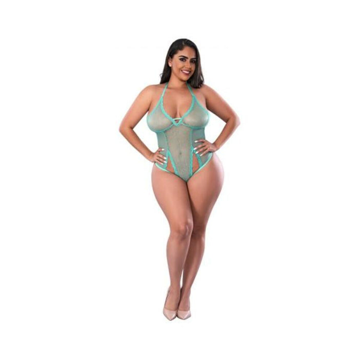 Magic Silk Soft Petals Cut Out Teddy With Snap Crotch Aqua Queen Size