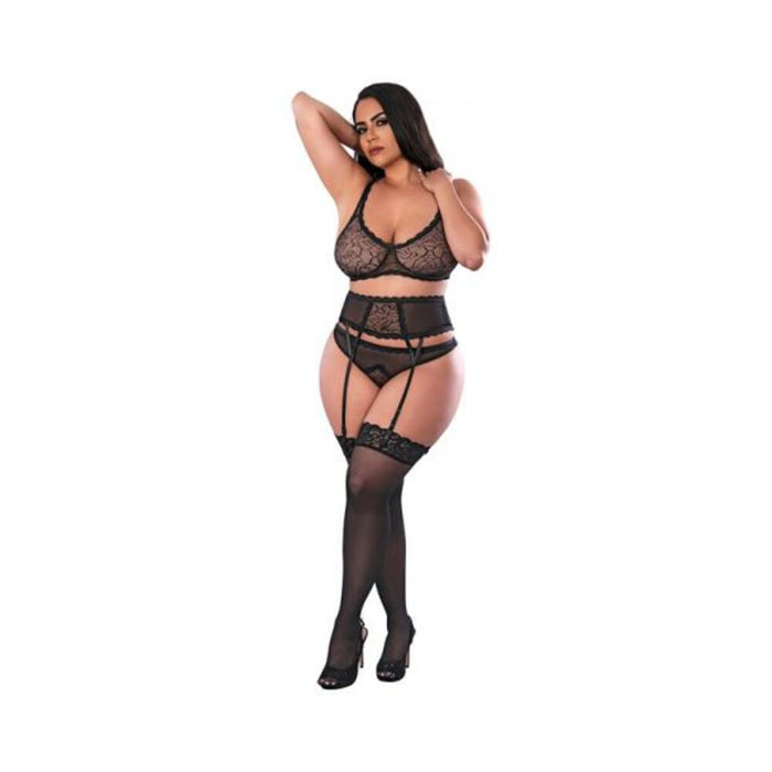 Magic Silk Soft Petals Bralette, Waist Cincher And Panty Set Black Queen Size