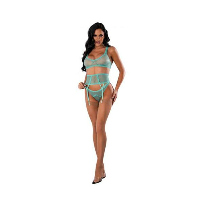 Magic Silk Soft Petals Bralette, Waist Cincher And Panty Set Aqua L/xl