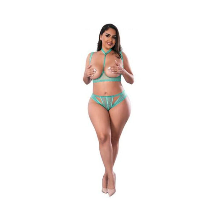 Magic Silk Soft Petals Cupless Bra And Split Crotch Panty Set Aqua Queen Size