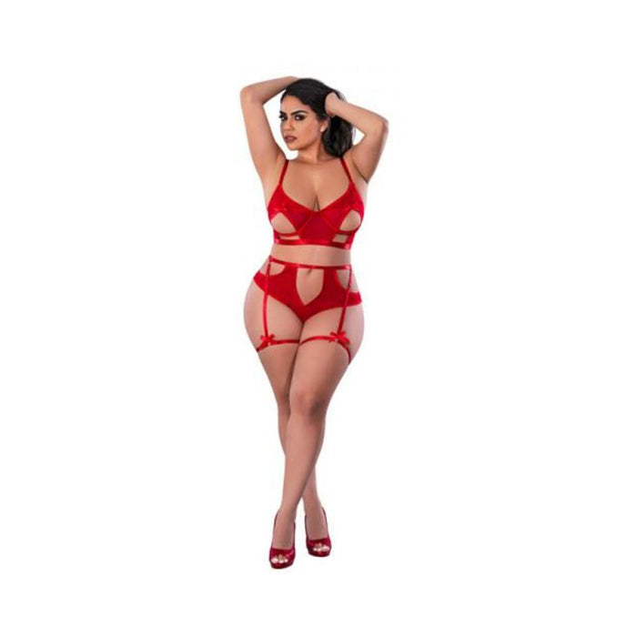 Magic Silk Holidaze Bralette, High Waist Panty Set With Removable Garters Red Queen Size