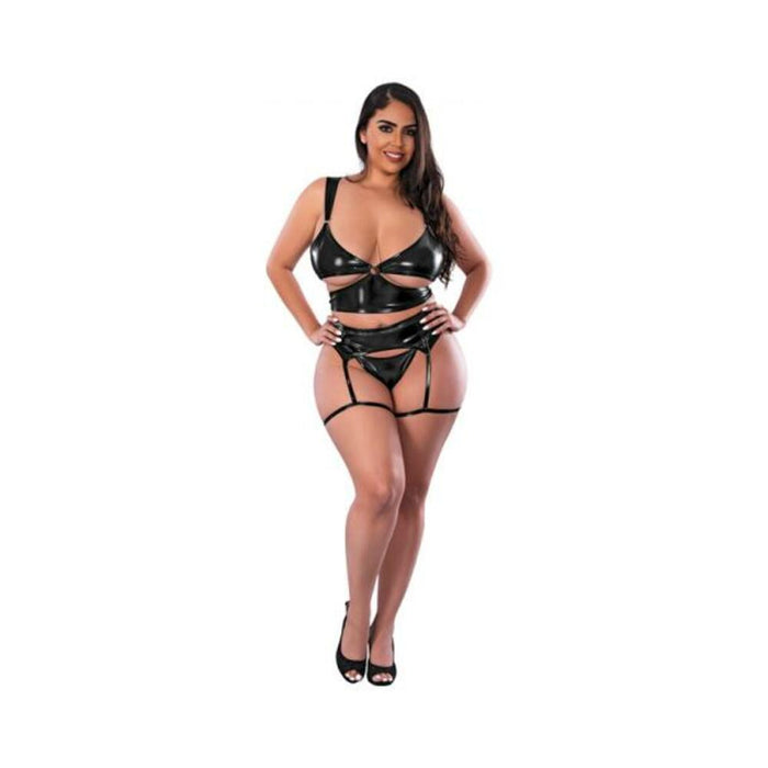 Magic Silk Liquid Onyx Cut Out Bralette, Panty And Stirrup Garter Black Queen Size