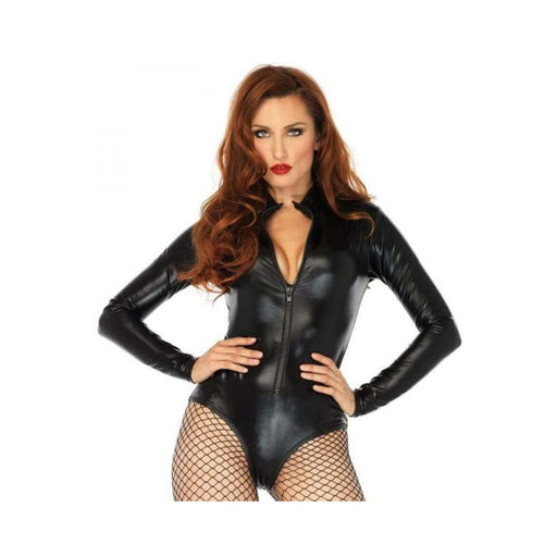 Wet Look High Neck Zipper Front Romper Black Small | SexToy.com