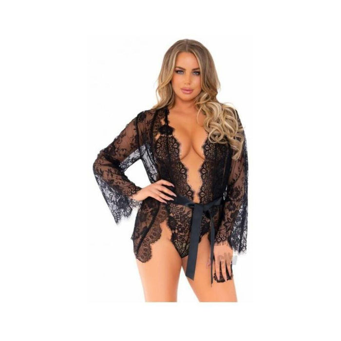 Floral Lace Teddy Thong Robe Tie Sm Blk