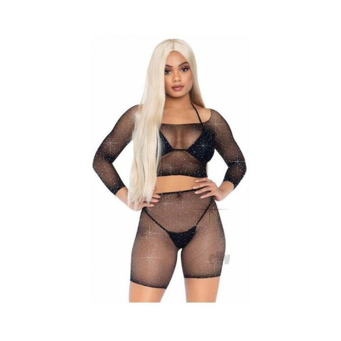 Rhinestone Fishnet Top/shorts Os 2pc Blk