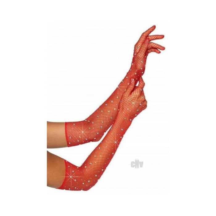 Rhinestone Fishnet Opera Gloves Os Red