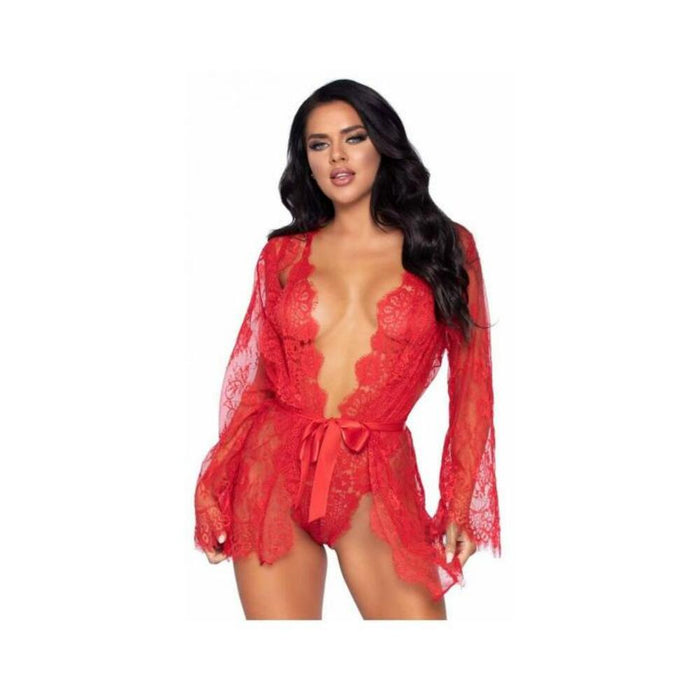Floral Lace Teddy Thong Robe Tie Lg Red