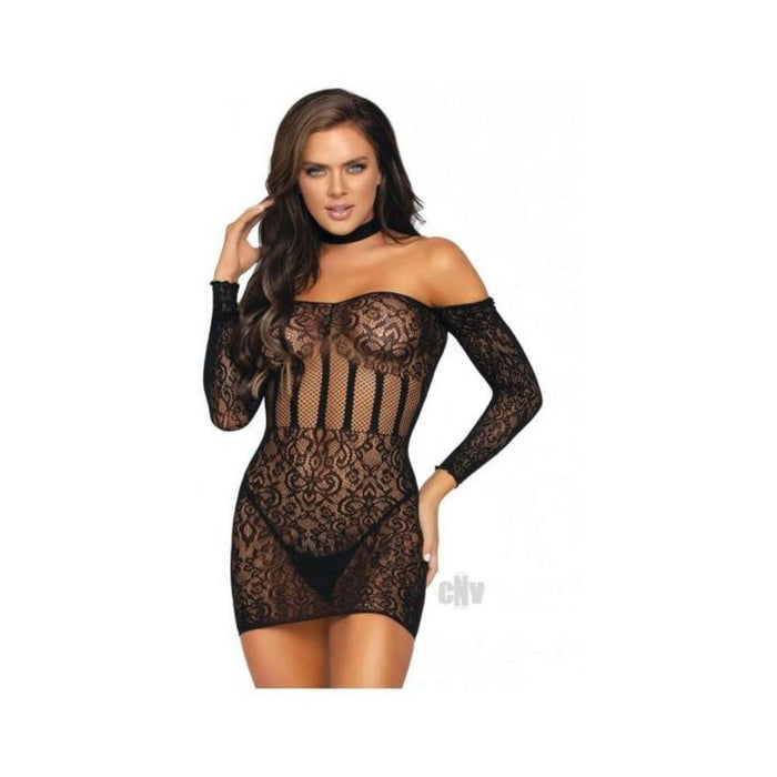 Lace Lng Sleeve Halter Mini Dress Os Blk