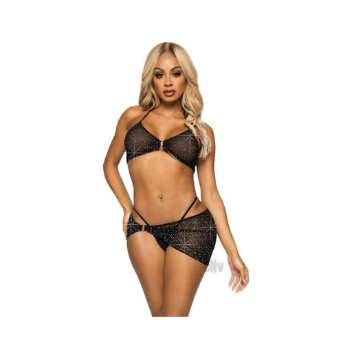 Rhinestone Bra Gstring Sarong 3pc Md Blk | SexToy.com