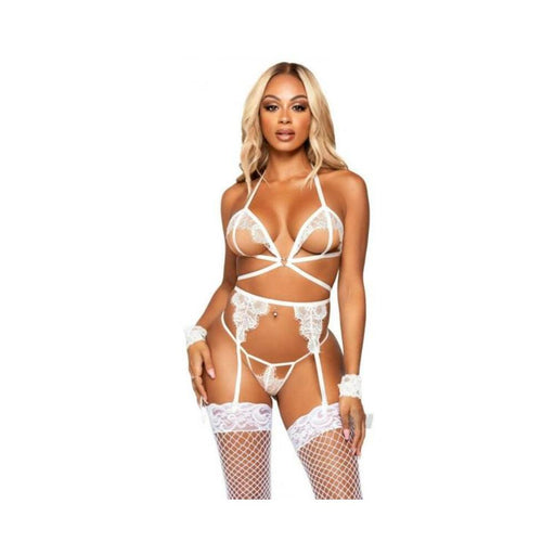 Eyelash Bra Garter Gstring 4pc Os Wht | SexToy.com