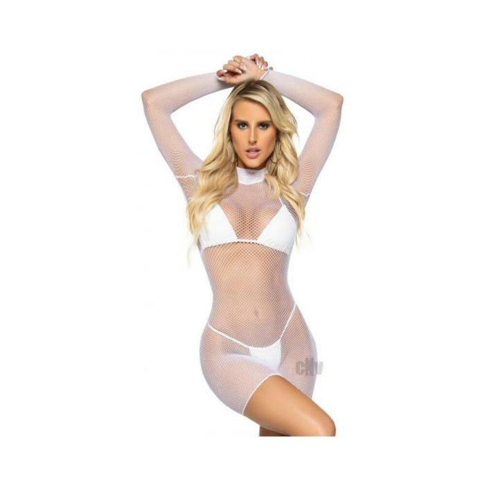 Ultra Net Long Sleeve Mini Dress Os Wht | SexToy.com