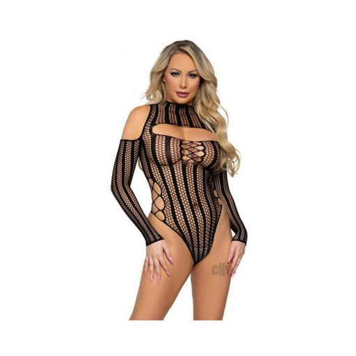 Striped Cold Shoulder Bodysuit Os Blk | SexToy.com