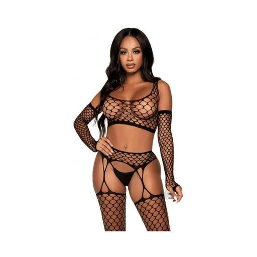 Net Crop Top Stockings Gloves 3pc Os Blk | SexToy.com