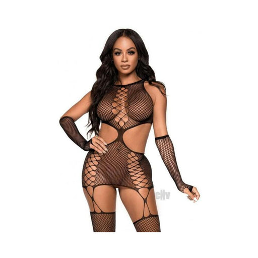 Net Cut Out Garter Dress 2pc Set Os Blk | SexToy.com