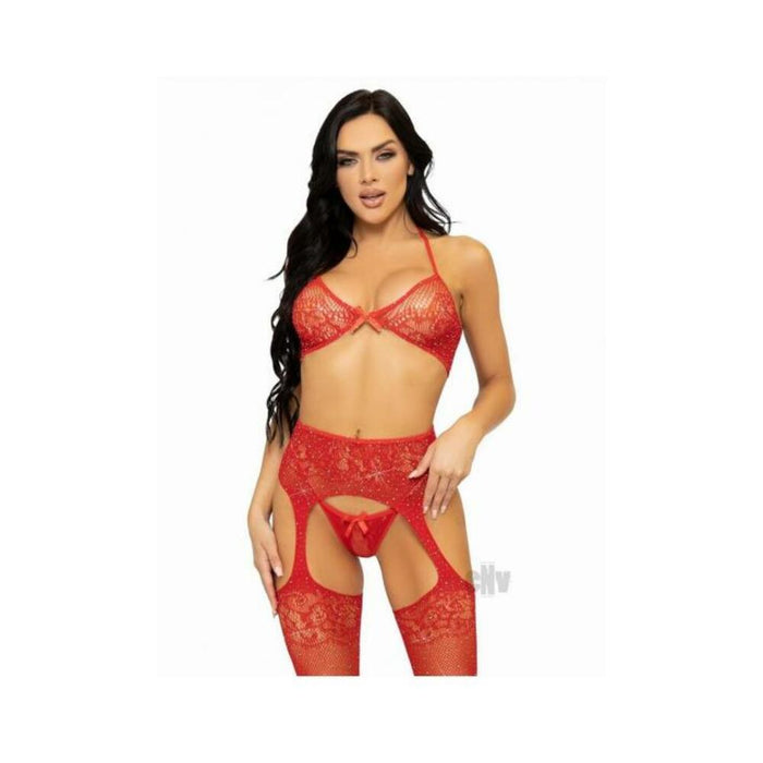 Rhinestone Bra Gstring Garter 3pc Os Red