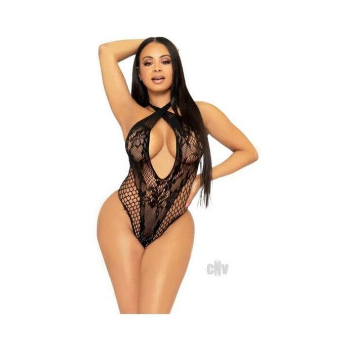 Lace Net Keyhole Halter Teddy Os Blk