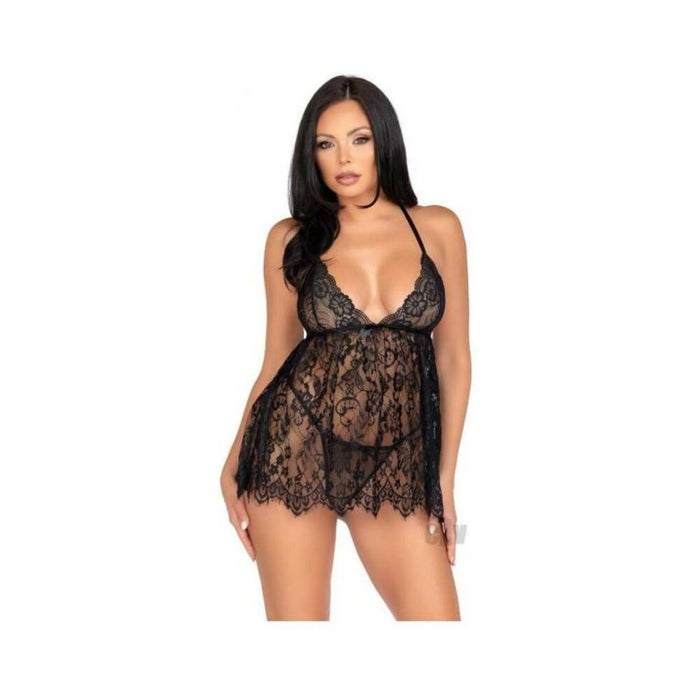 Floral Babydoll Eyelash Gstring Lg Blk