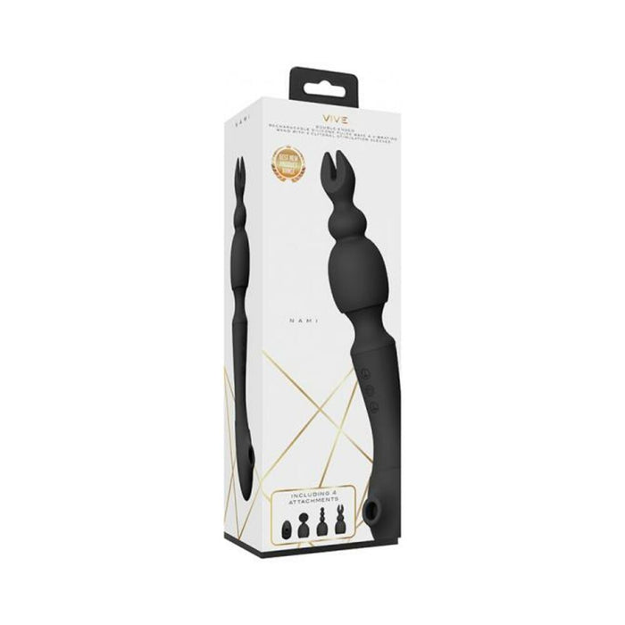 Vive - Nami Rechargeable Pulse-wave Double-ended Silicone Wand With Interchangeable Sleeves - Black | SexToy.com