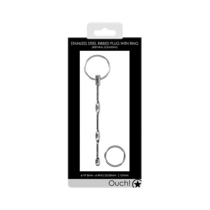 Ouch! Urethral Sounding - Ribbed Plug With Ring - 8 Mm