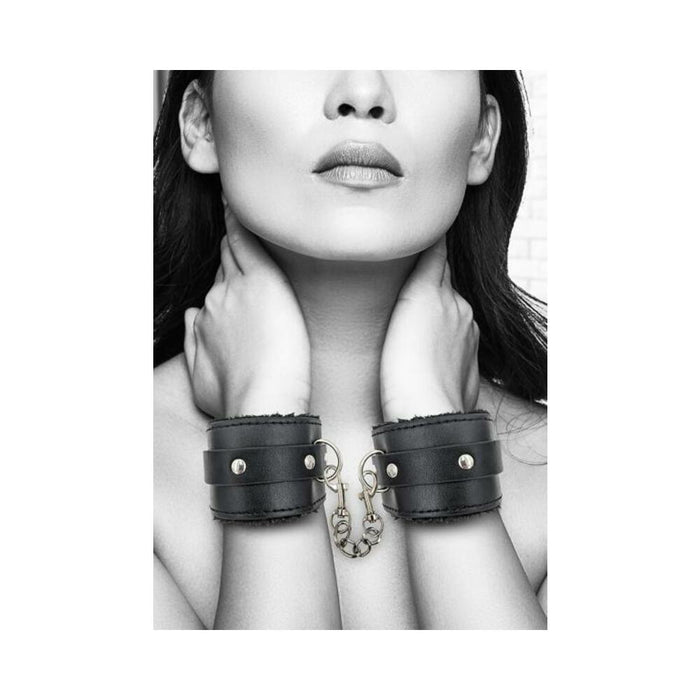 Ouch Plush Bond Leather Hand Cuffs Blk | SexToy.com