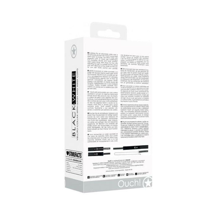 Ouch! Black & White Velcro Collar With Leash And Wrist Cuffs With Adjustable Straps Black | SexToy.com