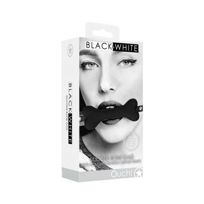 Ouch! Black & White Silicone Bone Gag With Adjustable Bonded Leather Straps Black | SexToy.com