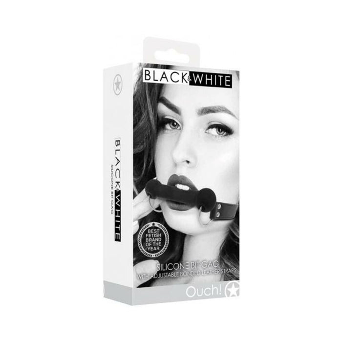 Ouch! Black & White Silicone Bit Gag With Adjustable Bonded Leather Straps Black | SexToy.com