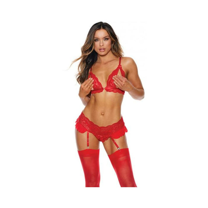 Lace Peek A Boo Bra W/garter Red Sm