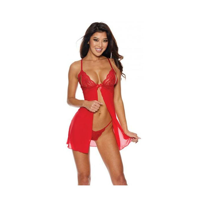 Mesh & Lace Tie Front Babydoll W/g-string Red Lg