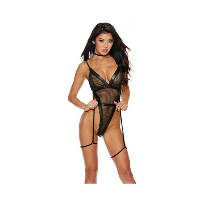 Mesh & Stretch Faux Leather Teddy W/garters - Black Md