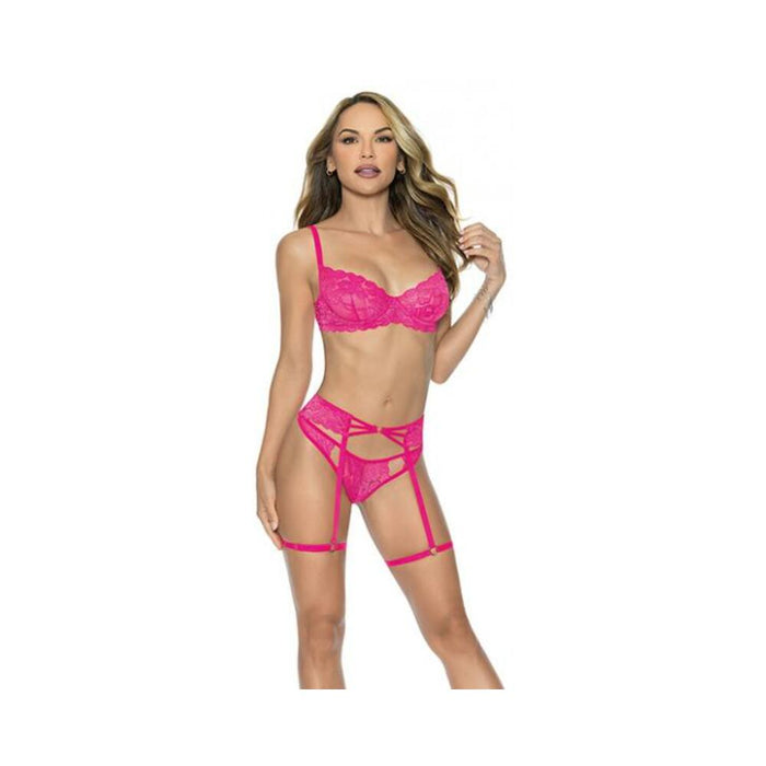 Underwire Lace Bra, Garterbelt & G-string Pink Small