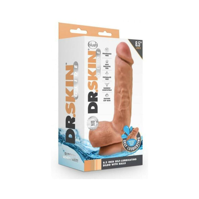 Dr. Skin Glide Self Lubricating Dildo With Balls 8.5 In. Mocha | SexToy.com