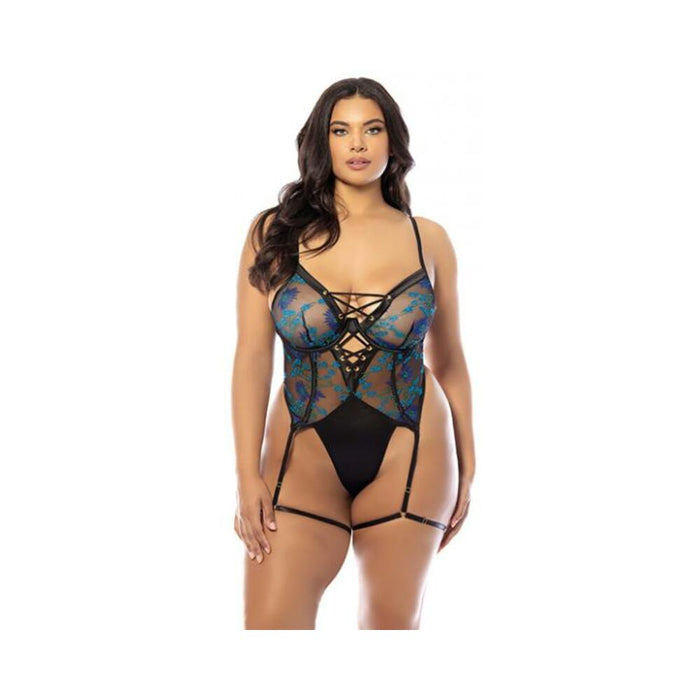 Lola Unlined Underwire Embroidered Teddy W/attached Garter Stays - Black 1x