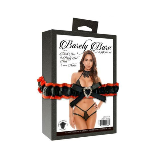 Barely Bare Mesh Bra & Panty Set With Lace Choker Black O/s | SexToy.com