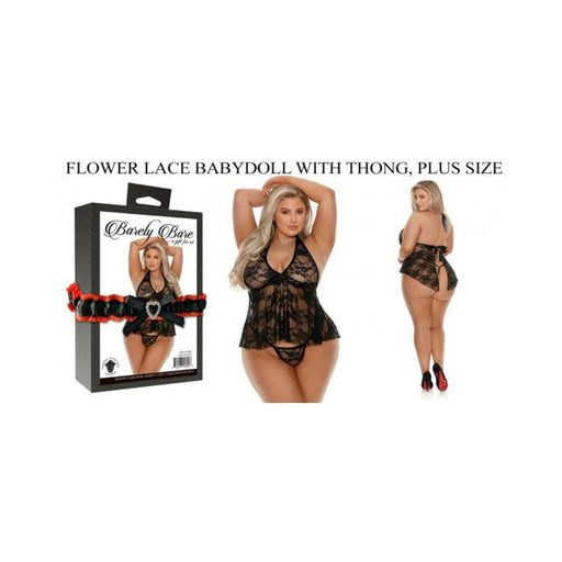 Barely Bare Flower Lace Babydoll With Thong Plus Size Black | SexToy.com