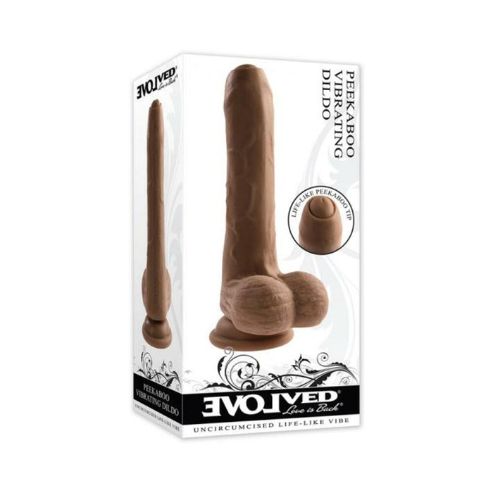 Evolved Peek A Boo Rechargeable Vibrating 8 In. Silicone Uncircumcised Dildo With Power Boost Dark