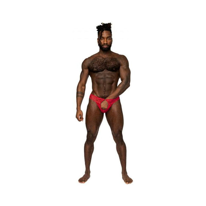 Male Power Sassy Lace Open Ring Thong Red L/xl