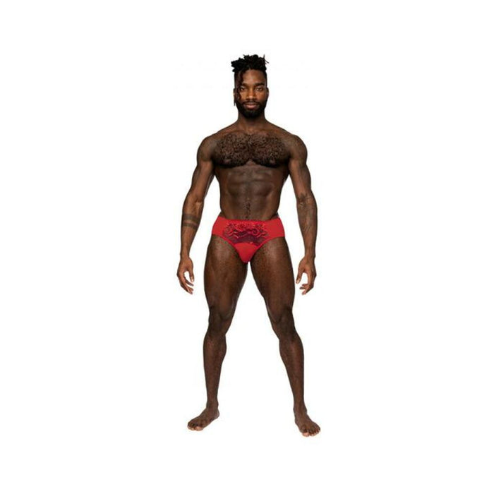 Male Power Sassy Lace Bikini Solid Pouch Red M